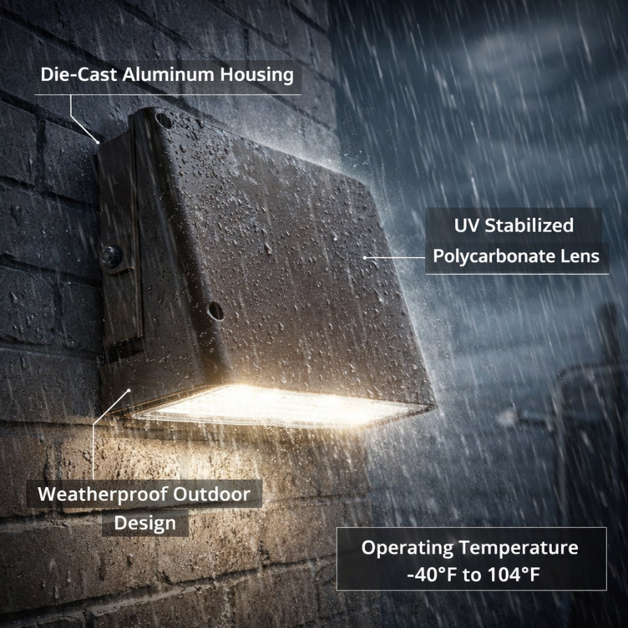 Outdoor light fixture on a brick wall with rain, labeled features including die-cast aluminum housing and UV stabilized polycarbonate lens.