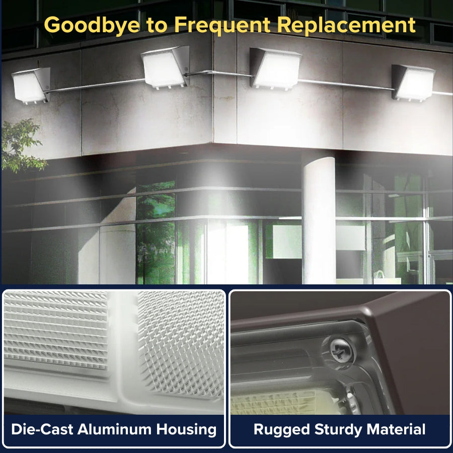 Outdoor light fixture on a building with text 'Goodbye to Frequent Replacement' and close-up details of die-cast aluminum housing and rugged sturdy material.