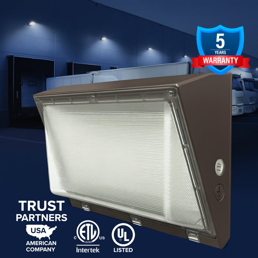 Outdoor light fixture with warranty badge and certification logos on a blue background