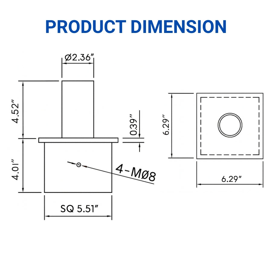 Technical drawing of alight pole tenon adapter​ with dimensions labeled