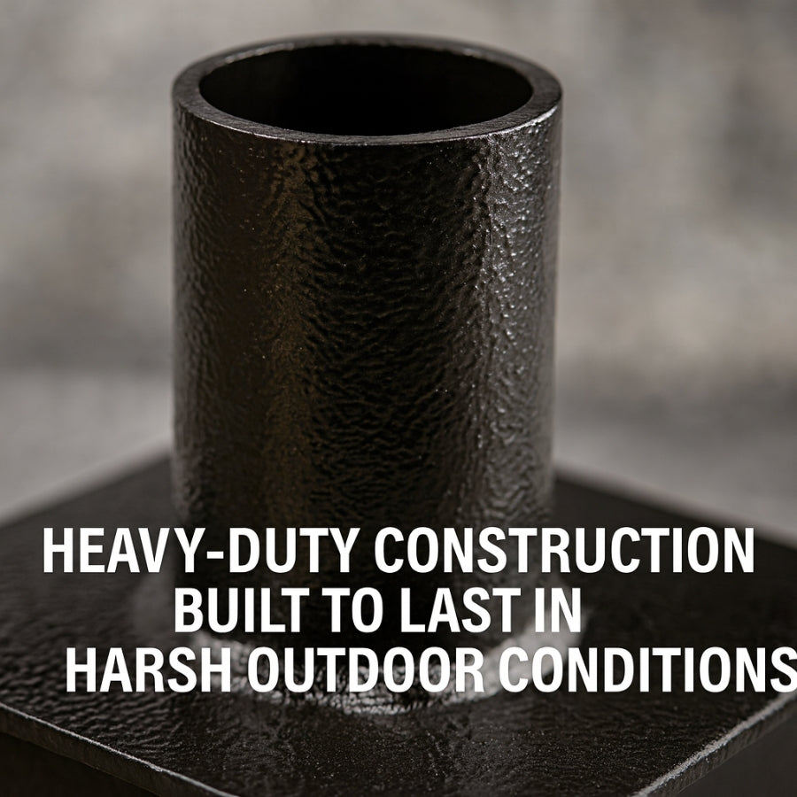 Black metal pipe with text about heavy-duty construction in harsh outdoor conditions