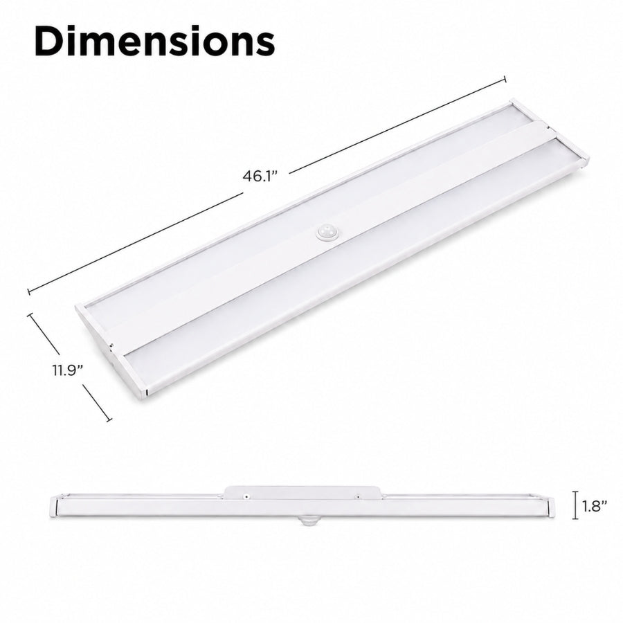 A white linear LED light fixture shown with dimension annotations on a light gray background, including a top view labeled 46.1 inches by 11.