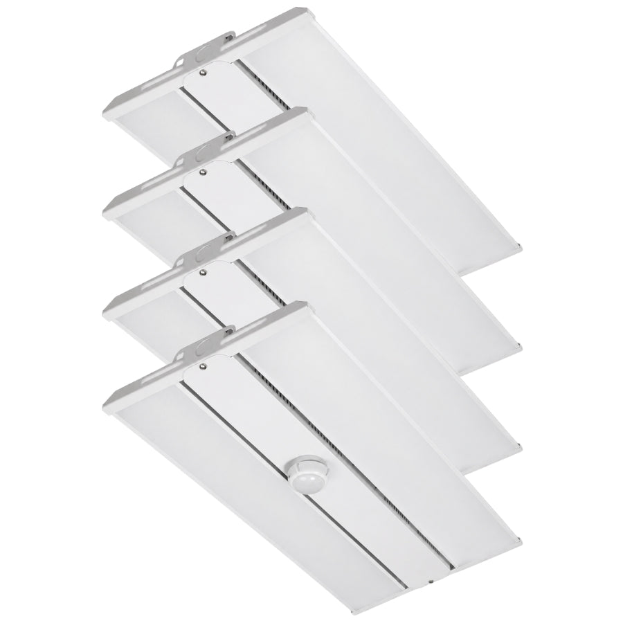 Four linear high bay led lighting​
ceiling light fixtures arranged in a staggered stack on a plain white background.