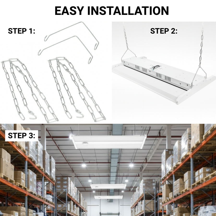 Step-by-step guide to installing a ceiling light fixture in a warehouse setting.