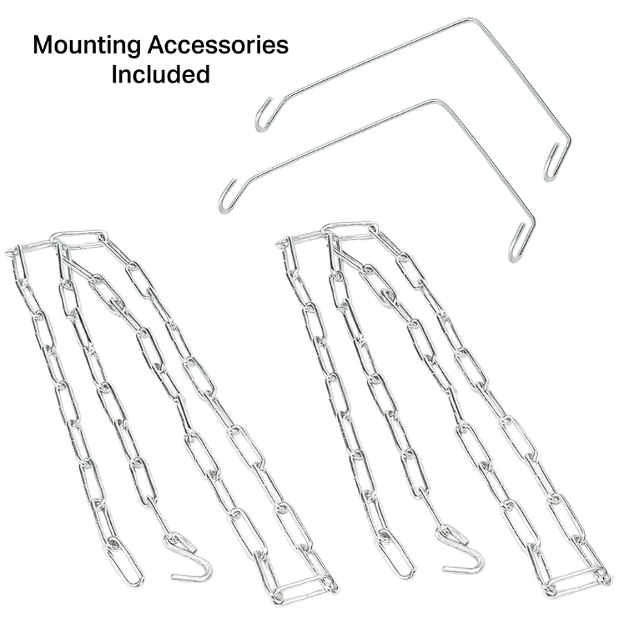 Metal mounting accessories including chains and hooks on a white background
