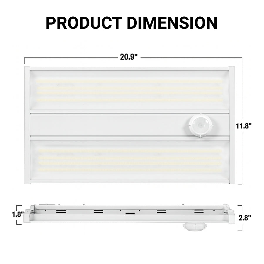 Measurement chart of a linear led high bay light with dimensions labeled