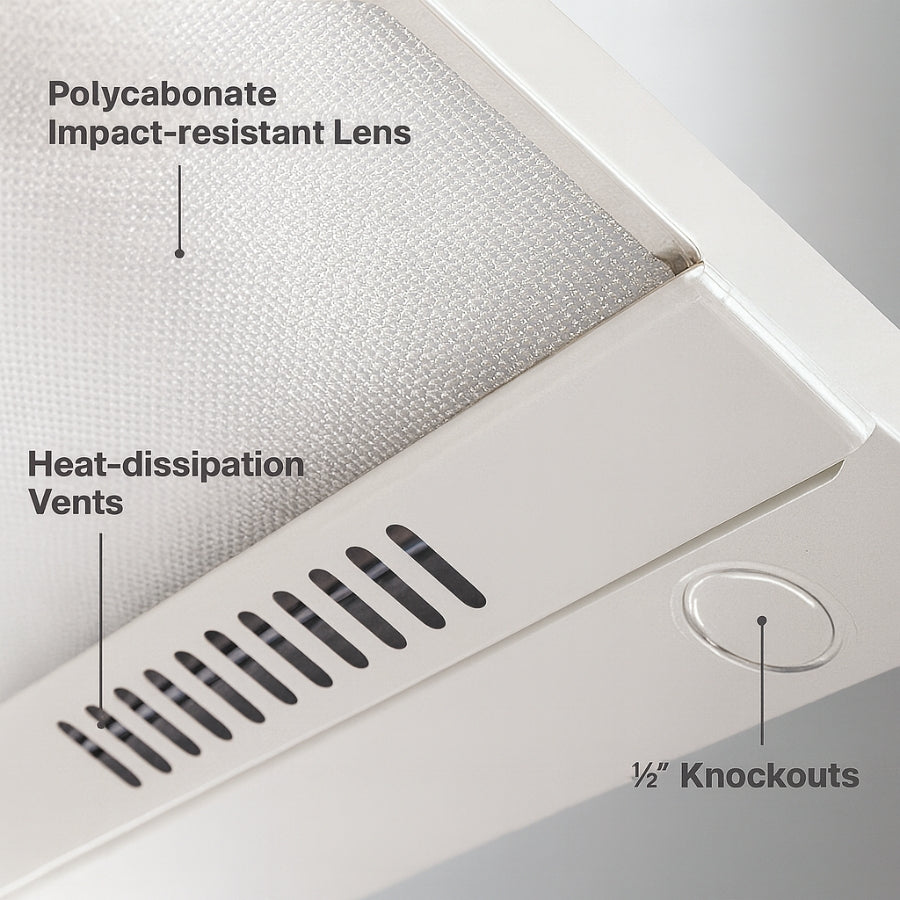 Close-up of a product with labeled features including polycarbonate impact-resistant lens, heat-dissipation vents, and 1/2 inch knockouts.