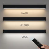 Three LED light strips labeled 'Warm', 'Neutral', and 'Cool' with a remote control on a gray background.