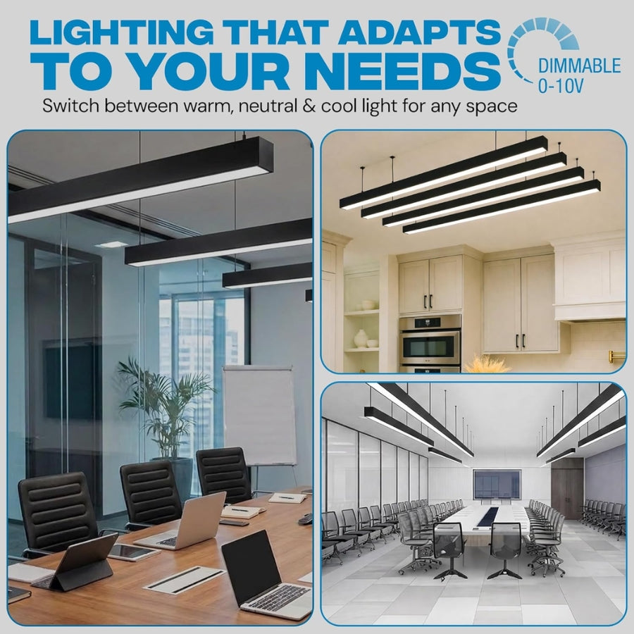 Lighting fixtures in various indoor settings with text about adaptable lighting.