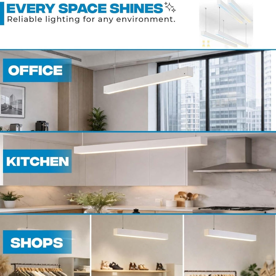 Lighting fixtures in an office, kitchen, and shops with 'Every Space Shines' branding.