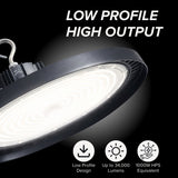 High-output LED light fixture with text 'Low Profile High Output' on a black background