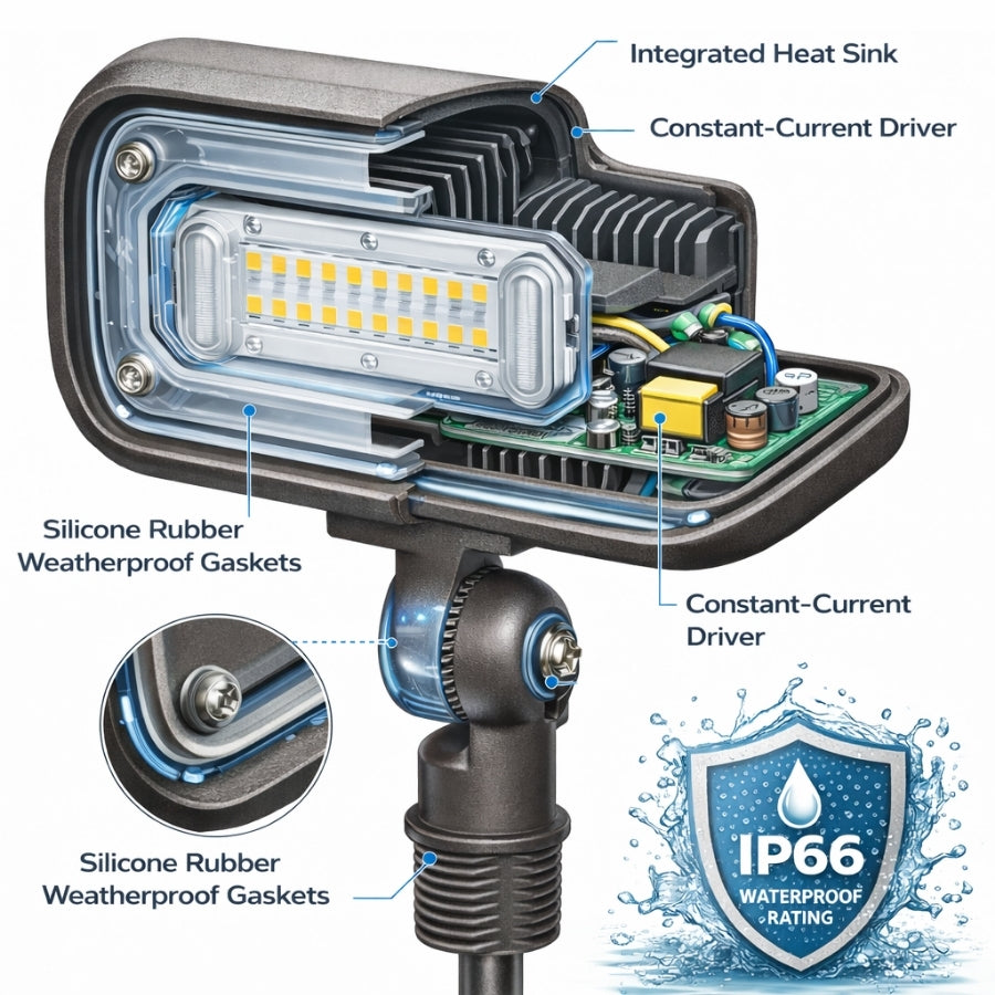 Detailed view of a low voltage outdoor landscape lighting​ with labeled components and IP66 rating.