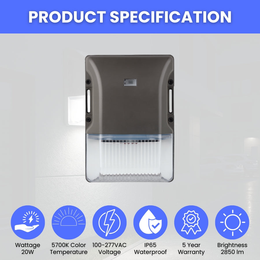 LED light fixture with specifications on a gray background