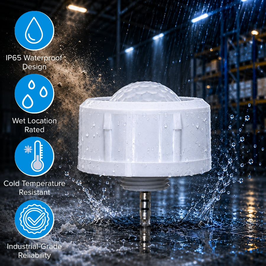 White industrial component being tested in a wet environment with water splashes and dust, set against a warehouse background.