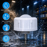 White industrial component being tested in a wet environment with water splashes and dust, set against a warehouse background.
