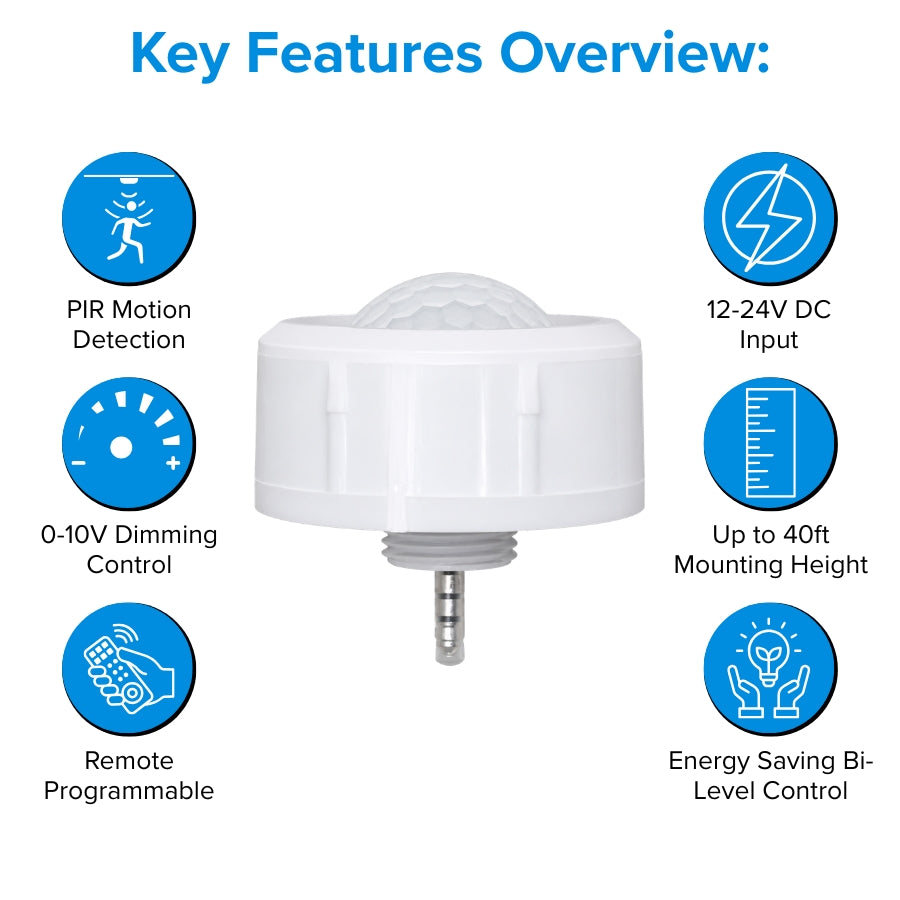 motion sensor for high bay lights​ fixture with key features highlighted on a white background