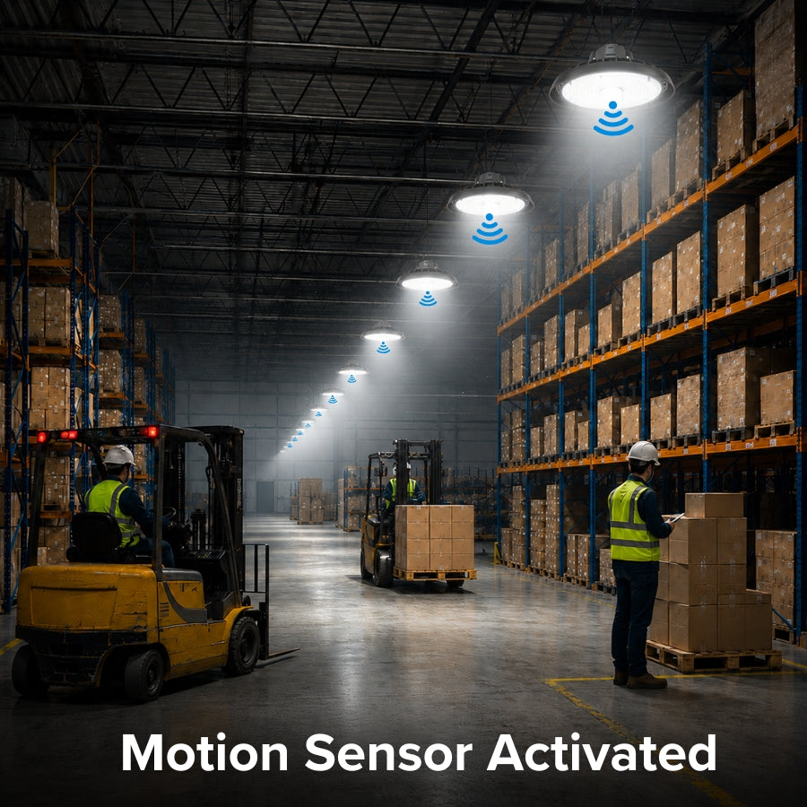 Warehouse interior with forklifts and workers, motion sensors activated text.