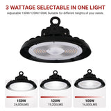 Selectable high bay LED fixture showing 100W, 120W, and 150W lumen output options for varying mounting heights and facility requirements.