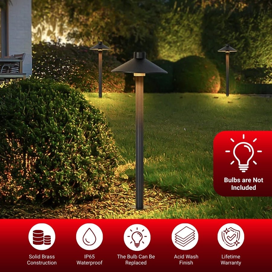 Garden pathway with outdoor lights illuminating a grassy area, featuring a bulb icon and text about product features.