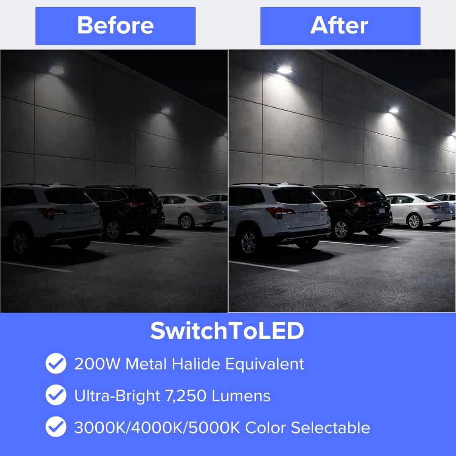 Outdoor area before and after LED flood light installation showing brighter illumination with 7250 lumen output