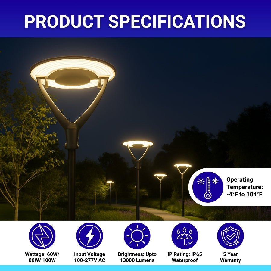 Street lights in a park at night with product specifications displayed.