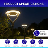 Street lights in a park at night with product specifications displayed.