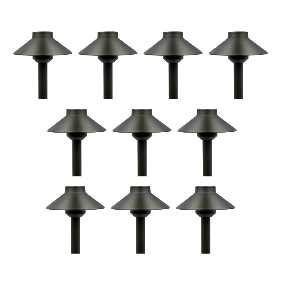 Set of 10 black outdoor lamp fixtures on a white background
