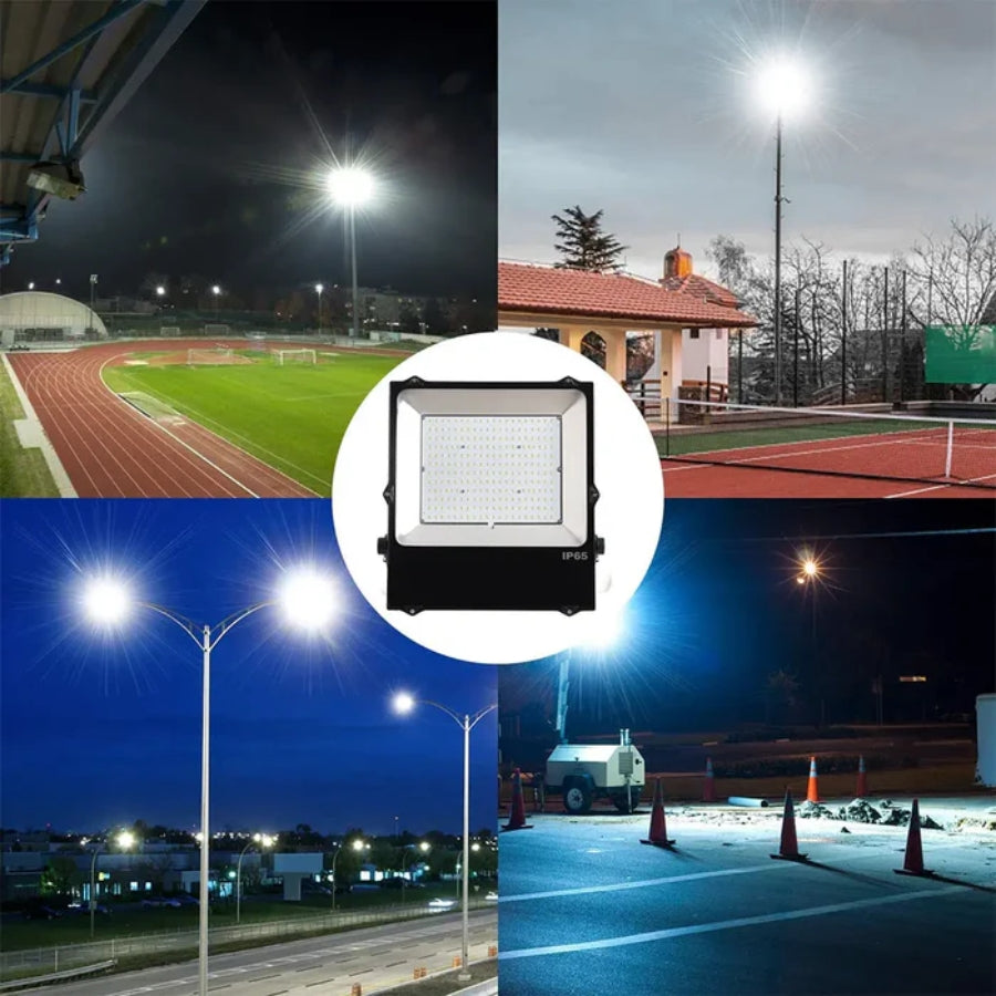 Collage of outdoor lighting applications including sports fields and streetlights.