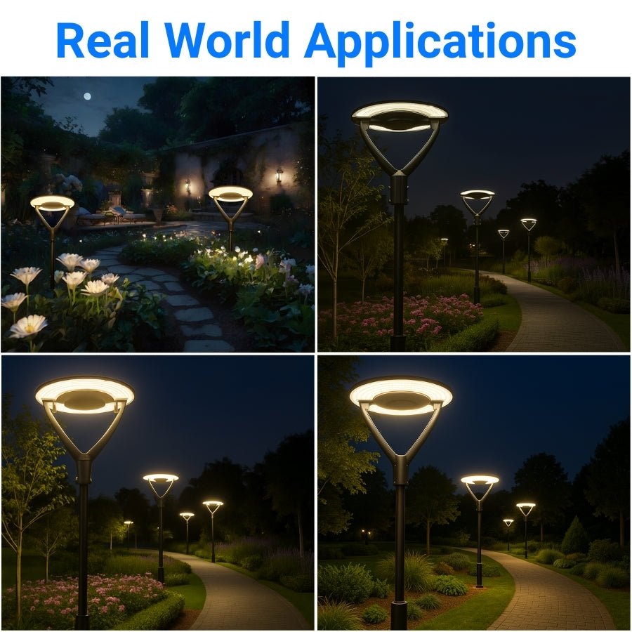 Collage of outdoor garden lights illuminating a pathway and plants at night.