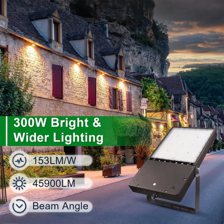 LED light fixture with 300W bright and wider lighting features displayed in front of a stone building.