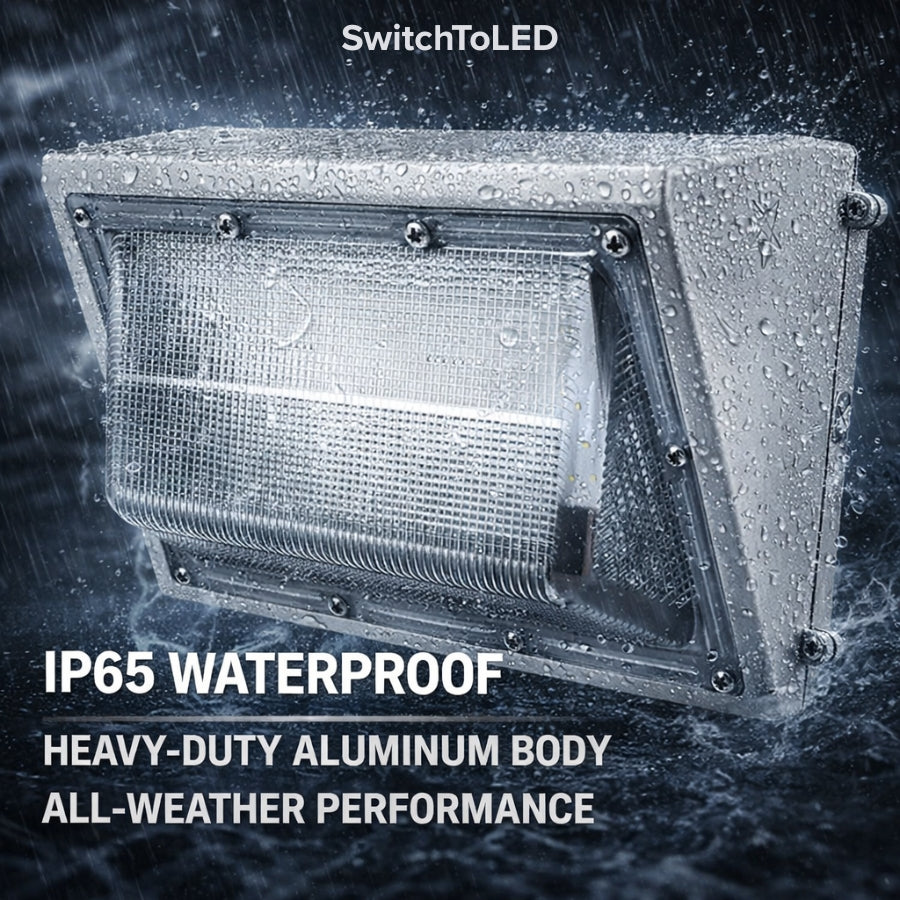 Waterproof LED light fixture with raindrops on a dark background, featuring SwitchToLED branding.