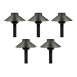 Set of six black outdoor pathway lights on a white background