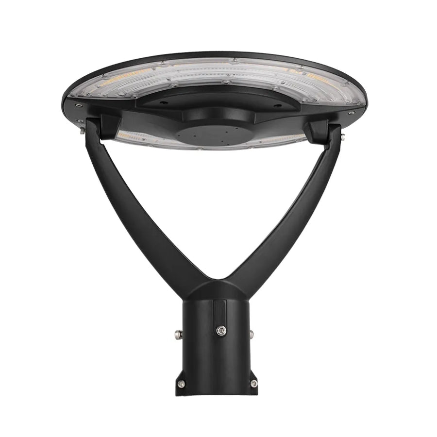 Black outdoor street light fixture on a white background