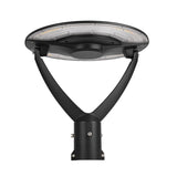 Black outdoor street light fixture on a white background