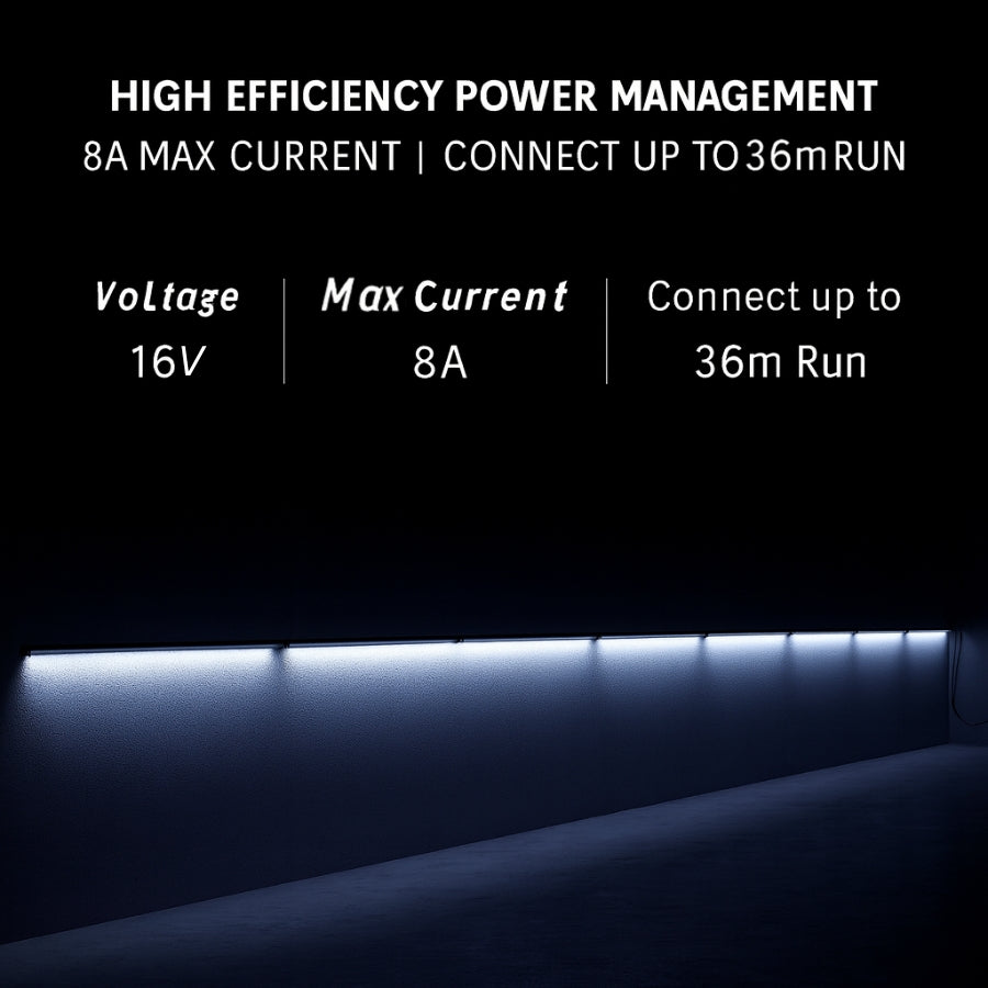 LED strip light with technical specifications on a black background
