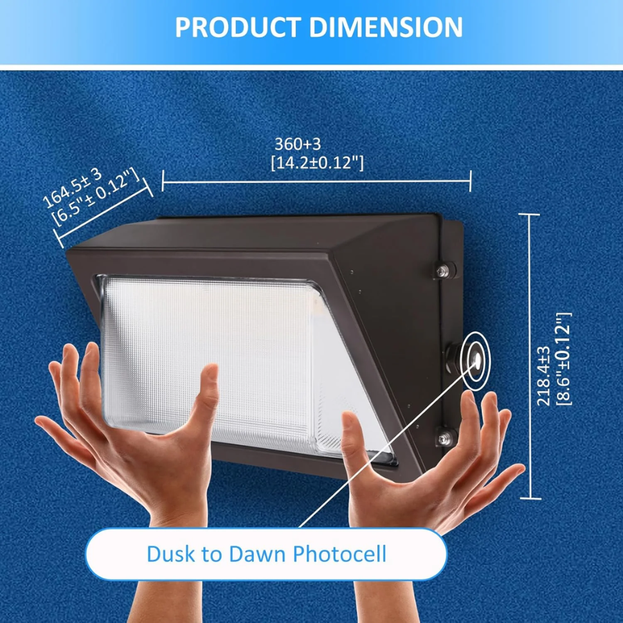 Dimensions of 80W LED Emergency Wall Pack with hands for scale on a blue background