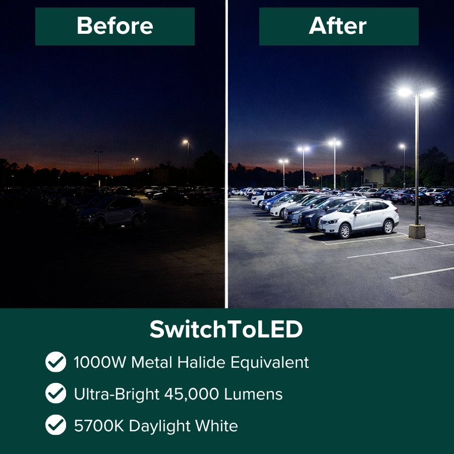 Before and after comparison of parking lot lighting upgraded to 45000 lumen LED fixtures
