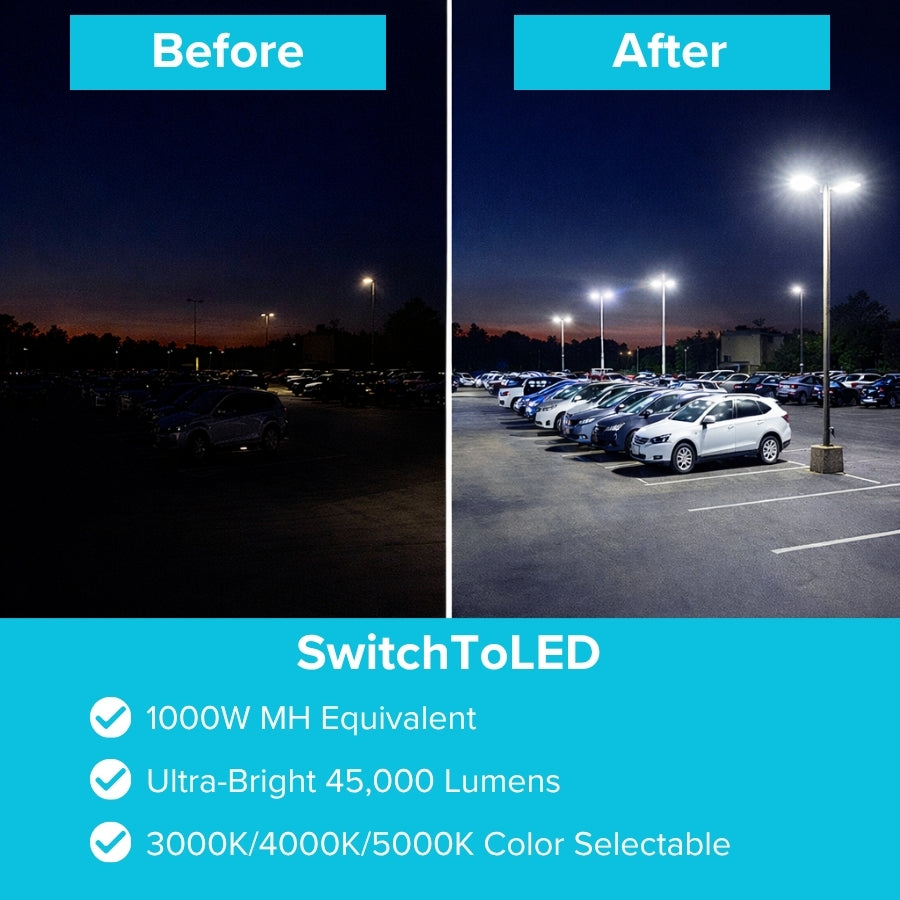 Before and after parking lot lighting showing brighter illumination after installing 45,000 lumen LED shoebox lights