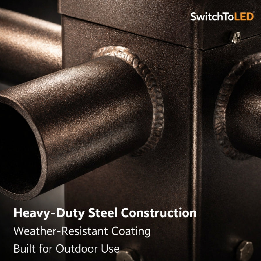 Close-up of a metal pole top tenon adapter​ with text highlighting heavy-duty steel construction and weather-resistant coating.