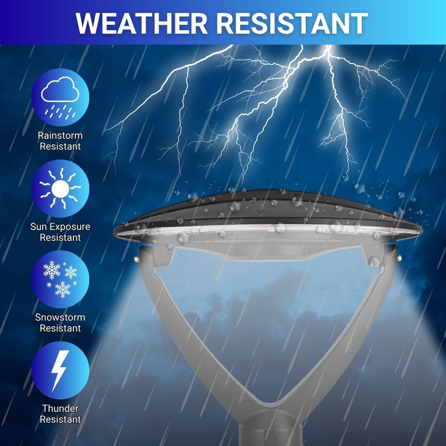 Weather-resistant street light with icons indicating rain, sun, snow, and thunder resistance on a blue background.