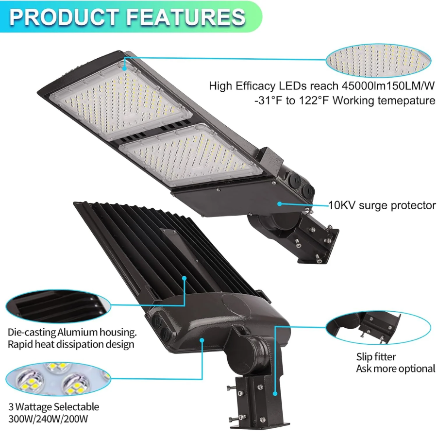LED street light with features highlighted on a white background