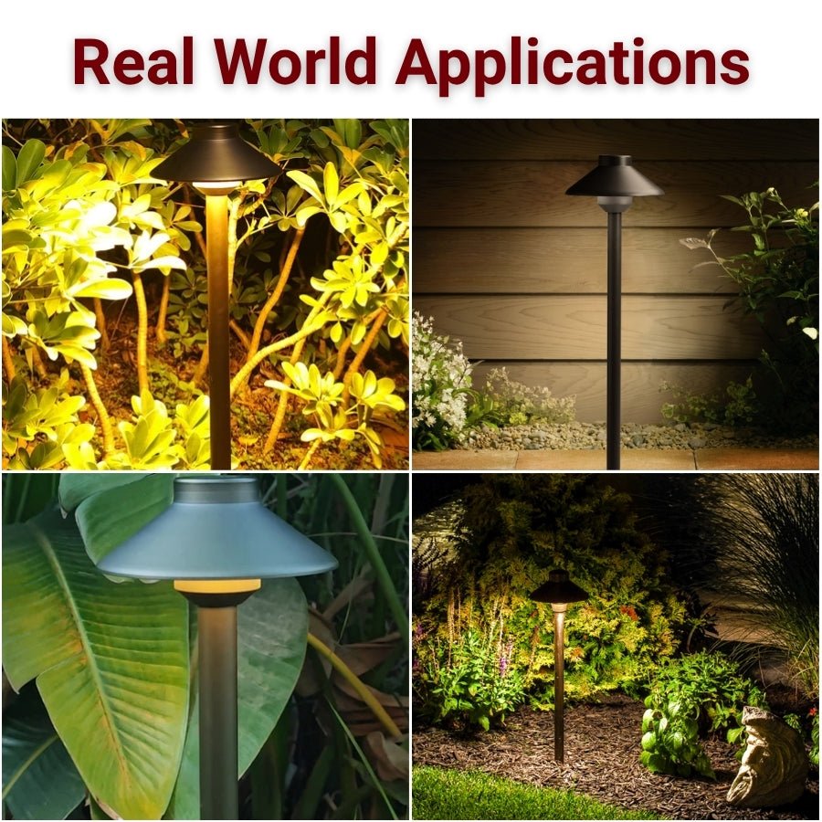 Collage of outdoor garden lights in various settings with text 'Real World Applications'.