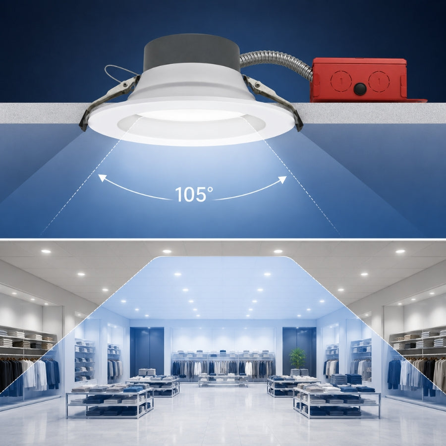 Ceiling light fixture with a 105-degree beam angle shown in a store setting.
