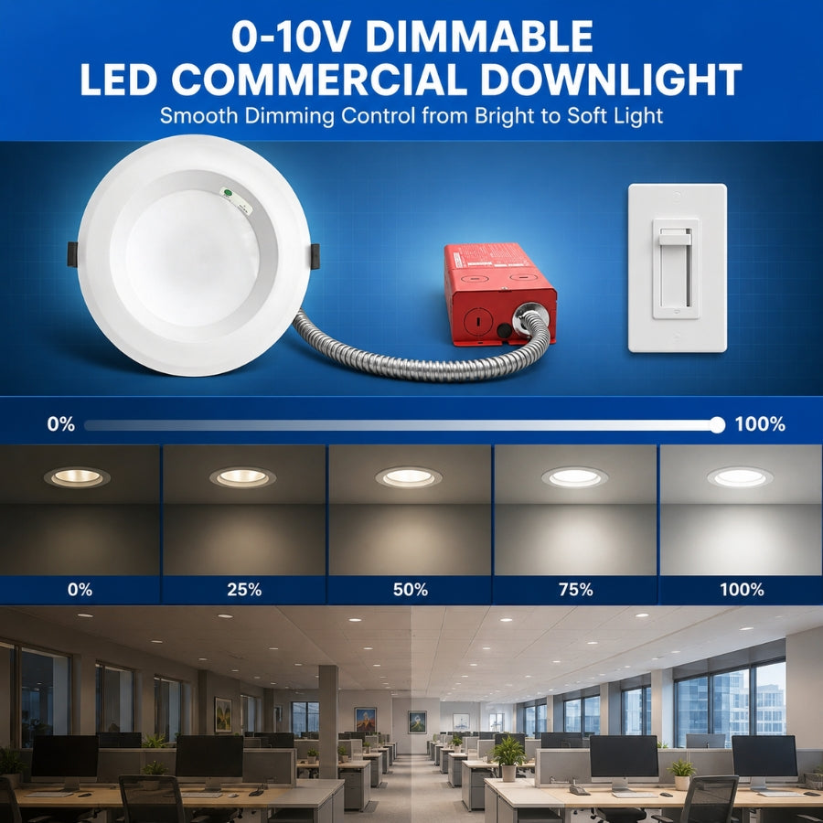 0-10V dimmable LED commercial downlight with control gear and dimming slider on a blue background.
