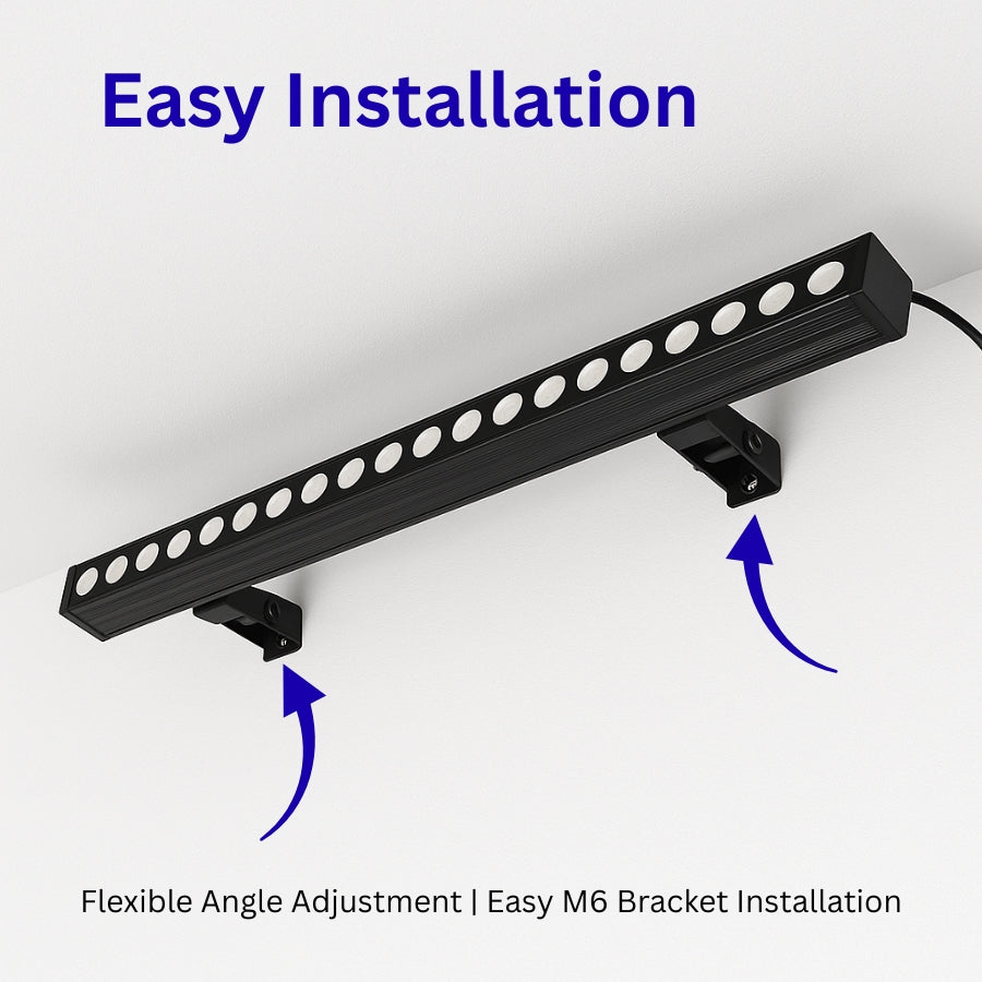 Black rgb led wall washing with flexible angle adjustment and easy M6 bracket installation on a white background.