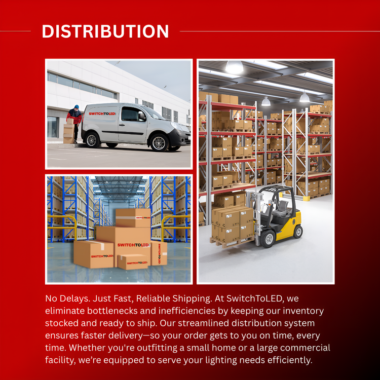 Collage of warehouse and delivery images with text about SwitchToLED's distribution services on a red background.
