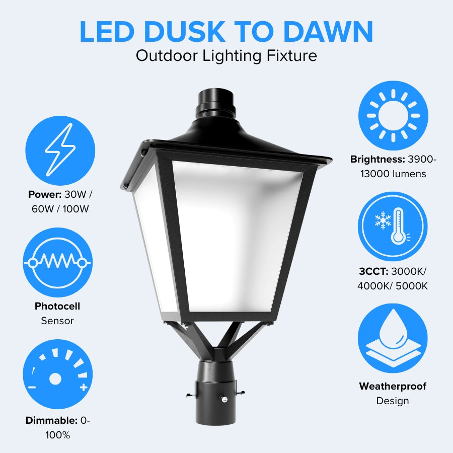 LED Dusk to Dawn Outdoor Post Lantern Features – Selectable 30W 60W 100W Power, 3900-13000 Lumens, Photocell Sensor, and 3000K 4000K 5000K Color Options