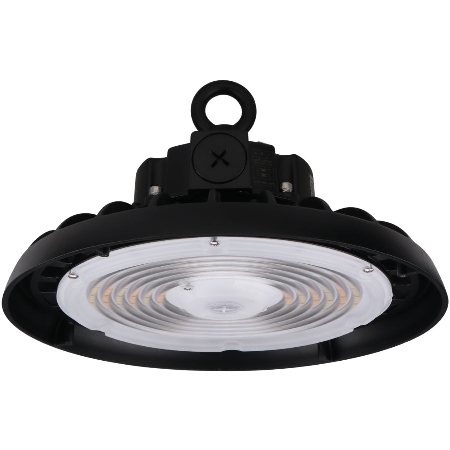 Adjustable UFO LED high bay fixture with selectable 100W, 120W, and 150W power settings for commercial and industrial lighting applications.