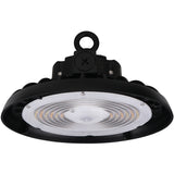 Adjustable UFO LED high bay fixture with selectable 100W, 120W, and 150W power settings for commercial and industrial lighting applications.