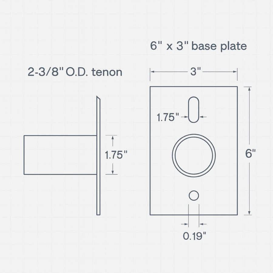 Technical drawing of a 6" x 3" base plate with dimensions labeled